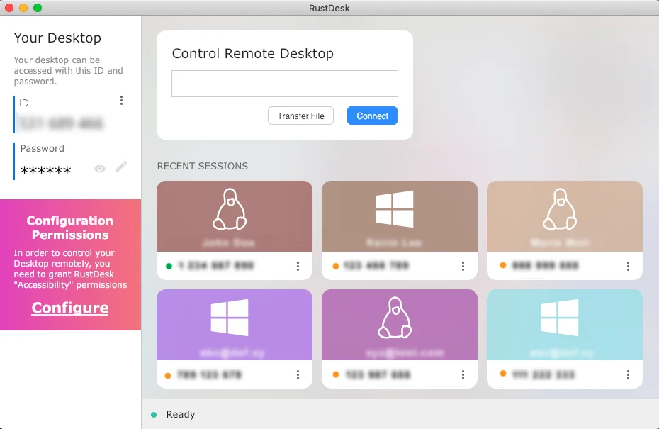 RustDesk 主界面：本机 ID 与密码、远程控制入口与最近会话